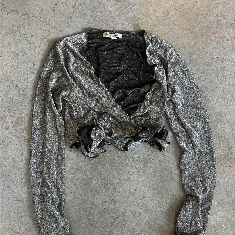 Metallic Long Sleeve Wrap Top